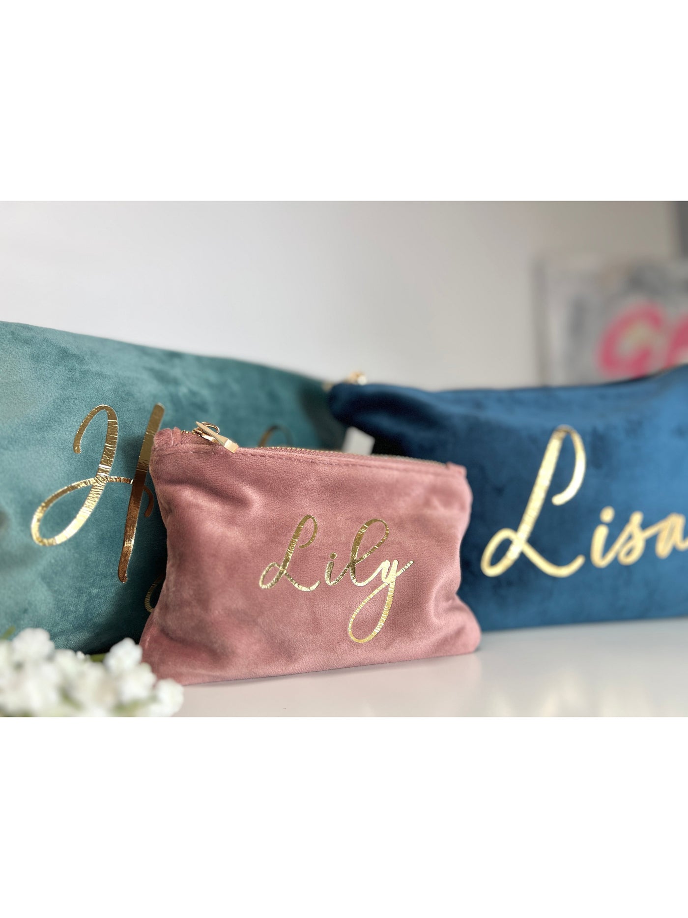 Personalised velvet cosmetic bag with name