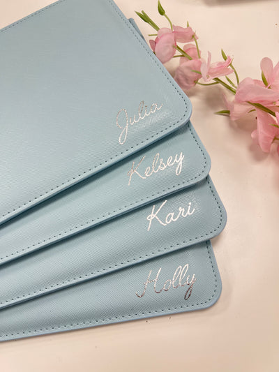 Personalised name clutch bag for bridesmaid gift