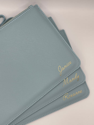 Personalised name clutch bag for bridesmaid gift