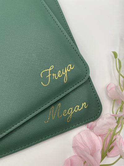 Personalised name clutch bag for bridesmaid gift