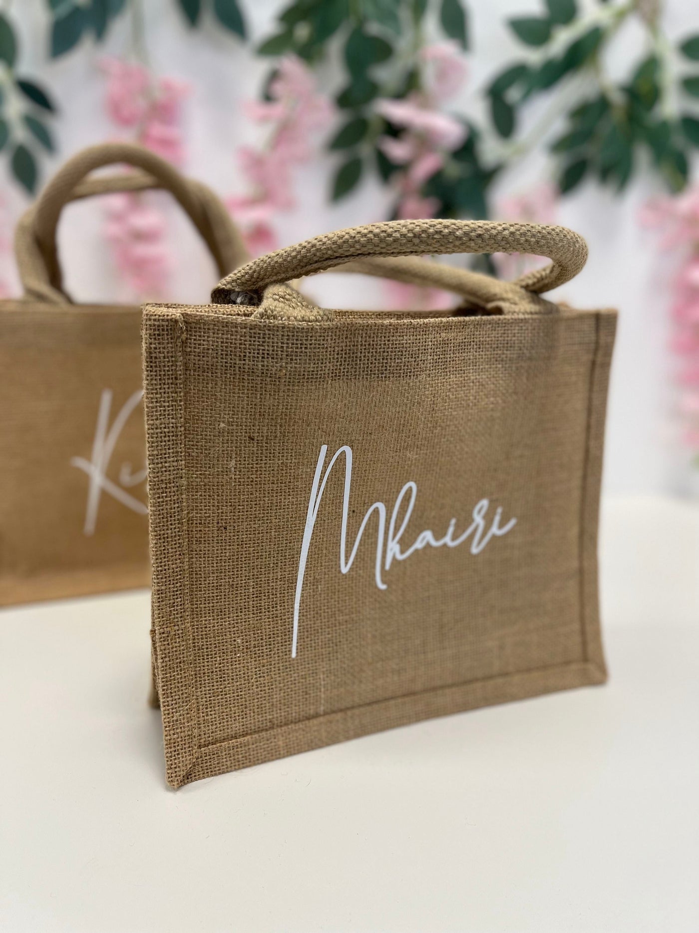 Large Personalised Jute Gift Bag with Black Handles