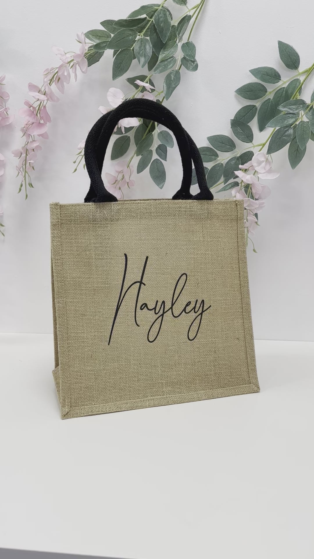 Large Personalised Jute Gift Bag with Black Handles