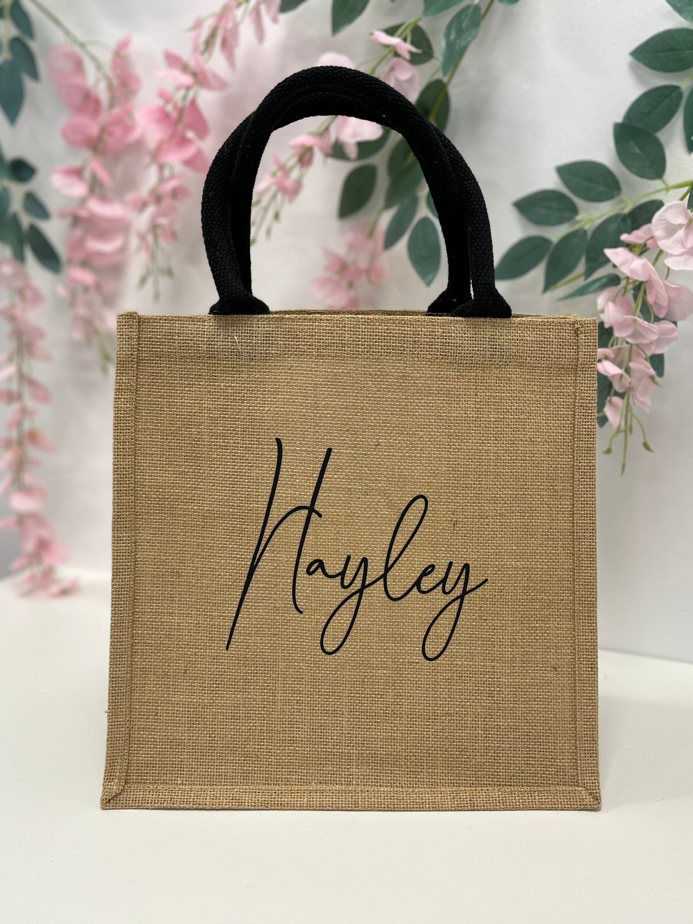 Large Personalised Jute Gift Bag with Black Handles